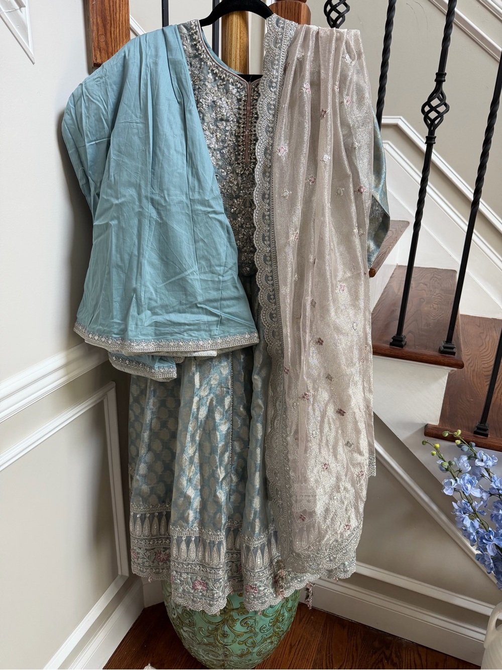 Maria B. Elegant Silver-Blue Embroidered Women long gown with dupata and pants - Picture 4 of 5